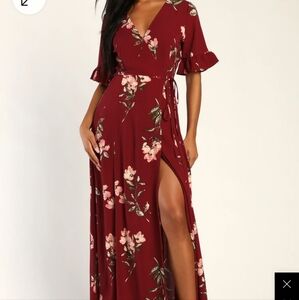 Lulus September Sunsets Burgundy Floral print maxi wrap dress size S